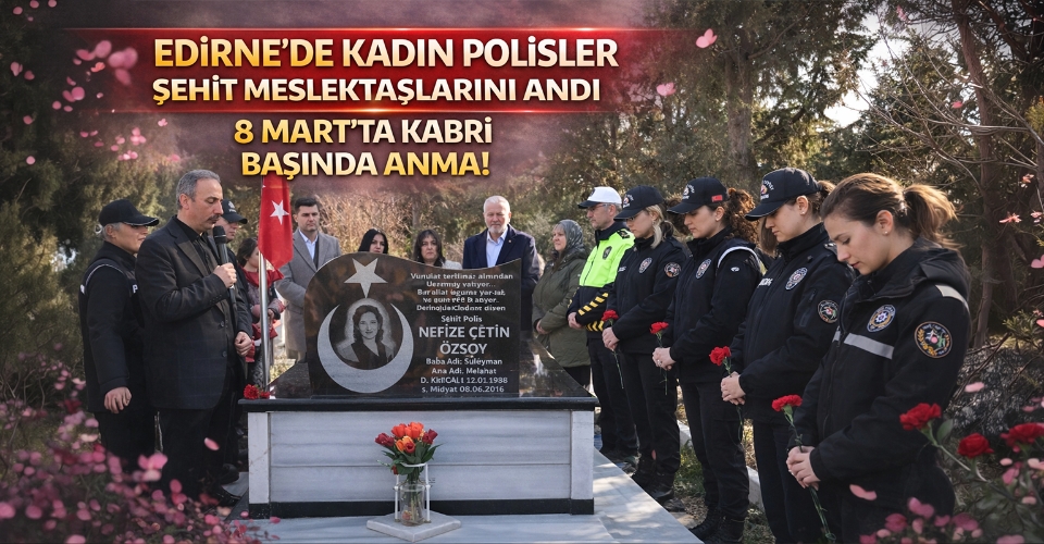 Edirne’de kadın polisler, şehit meslektaşlarını 8 Mart nedeniyle kabri başında andı