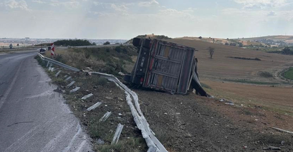 Devrilen buğday yüklü kamyonun şoförü yaralandı